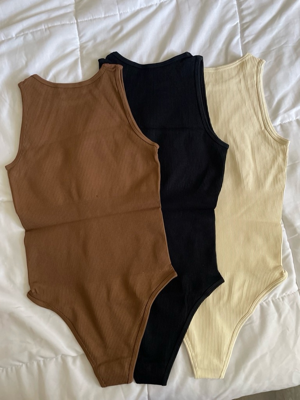 Ribbed Tank Bodysuit Trio — Brown, Black & Cream - Picture 2 of 4